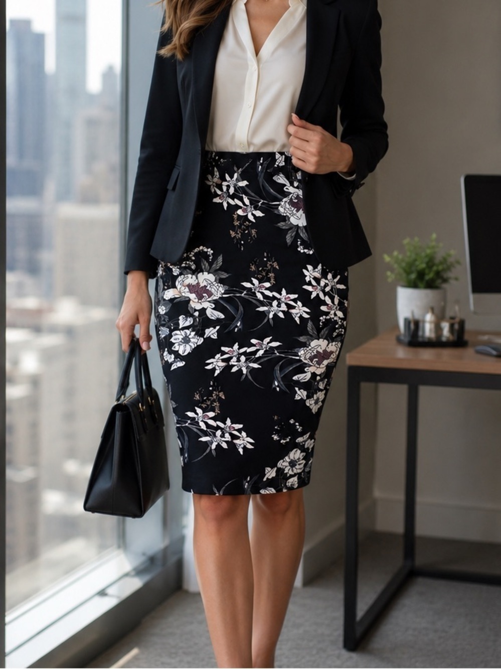 Black Floral Pencil Skirt Knee Length Stretch Office Chic Medium